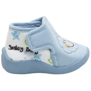 Blauwe pantoffels van jerseystof met geplastificeerde wolkenpatch en Smiley-print 