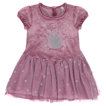 Jurk Met Korte Mouwen In Twee Materialen En Met Tule Met Motieven