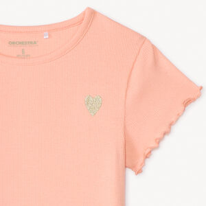 T-shirt met korte mouwen van effen ribstructuur met geborduurd hart voor meisjes 