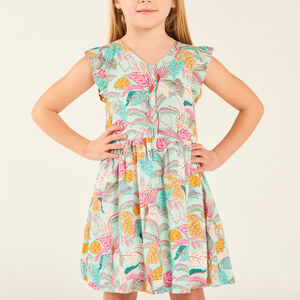 Robe manches volantées en voile imprimé tropical fille 