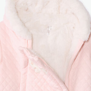 Pilotenpak in doorgestikt jersey, effen roos, voor babymeisje met verschillende afwerkingen per leeftijdsperiode 