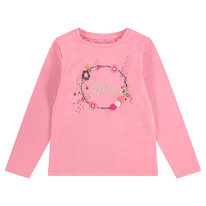 T-shirt met lange mouwen van jerseystof met bloemenprint en pompons 