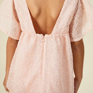 Robe manches courtes en crêpe et tulle avec motif floral en cording pour fille 