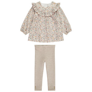 Ensemble tunique fleurie + caleçon uni beige pour bébé fille 