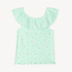 Mouwloos shirt met ruches in Engelse borduur en aardbeienprint voor meisjesbaby. 