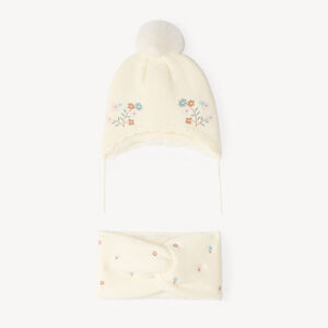 Bonnet et snood bébé fille brodés de fleurs doublés en sherpa 
