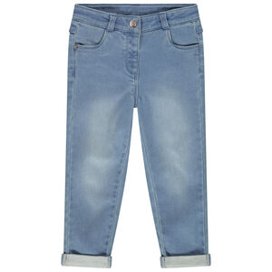 Jeans met een used effect en achterzakken in kattenvorm voor meisjes. 