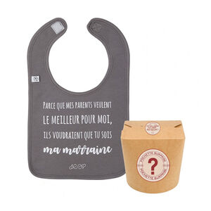 Pochette surprise avec bavoir d'annonce "Ma Marraine" 