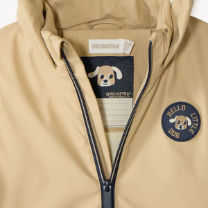 Jas van gum voor babyjongen, gevoerd met microfleece en met een capuchon met oortjes. 