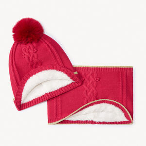 Set muts en snood in gedraaide steek gebreid voor meisjes met sherpa voering en pompon in bont, elastische boord met gouden lurex biezen 