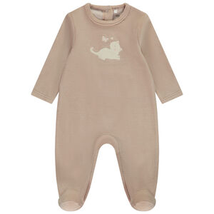 Pyjama van fluweel in effen beige met fantasiekat voor baby 