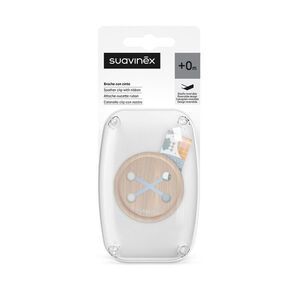 Fopspeenclip Dreams blauw met dubbelzijdig lint en houten knop 