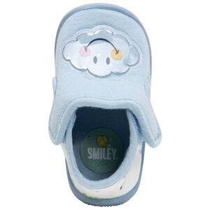 Blauwe pantoffels van jerseystof met geplastificeerde wolkenpatch en Smiley-print 