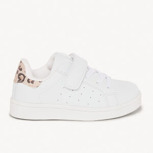 Lage witte sneakers met elastische veters, klittenband en luipaardprint achterkant voor meisjes 