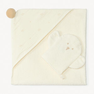 Set van 2 badartikelen: cape 80 x 80 + olifantenhandschoen voor baby's 