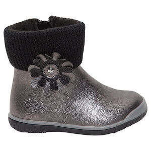 Bottines argentées avec patch fleur et col en tricot 