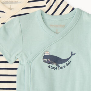 Set van 7 korte mouw rompertjes met maritieme prints voor babyjongens, met verschillende openingen afhankelijk van de leeftijd. 