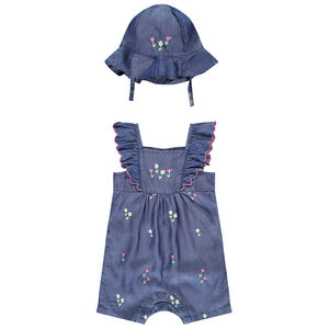 Combishort + charlotte en toile brodée de fleurs pour bébé fille 