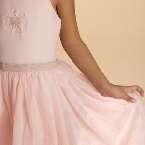 Feestjurk twee materialen met schouderbanden bloem voor meisjes 