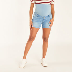 Jeansshort voor zwangerschap met versleten effect en hoge band. 