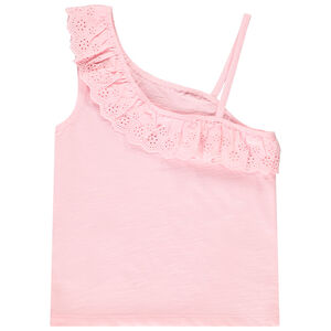 Asymmetrische schoudertop met Engelse borduursels voor meisjes 