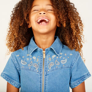 Korte mouw denim jurk met borduursels meisjes 