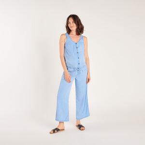 Lange zwangerschaps- en voedingsoverall van denim-look katoen. 
