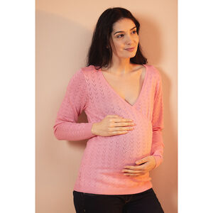 Trui voor zwangerschap en borstvoeding met een gebreid cache-coeur effect 