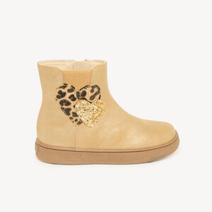 Zwarte en elastische enkelboots voor meisjes met een leopardprint hartmotief. 