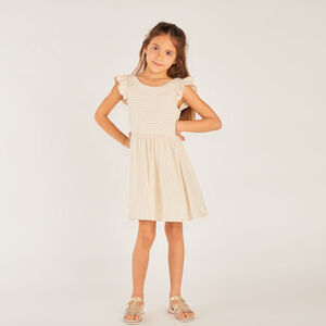 Robe manches courtes en toile à rayures avec dos en V pour fille 