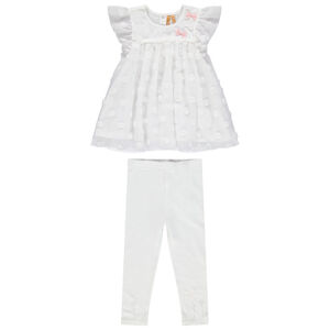 Feestelijk ensemble met tuniek van tule en plumetis en een witte legging 