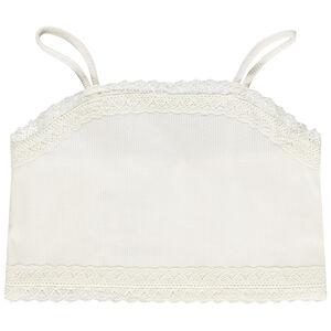 Korte ribjersey crop top met fijne bretellen en kant voor meisjes 