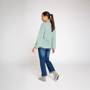 Trui met lange mouwen in gebreid fantasie-steekpatroon voor dames groen muntkleurig V-hals met geribde boord 