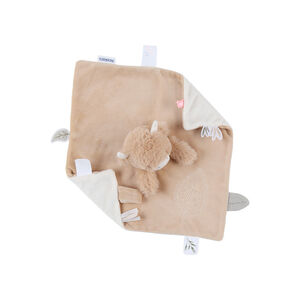 platte knuffeldoek Fluffy Highland koe in fluweel beige met velcro fopspeenclip en handpopfunctie 