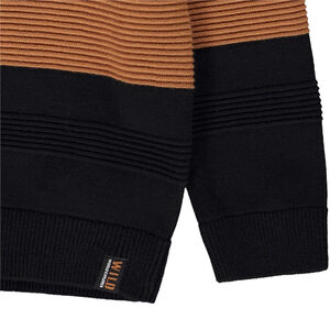 Gestreepte trui in fantasie breiwerk en gekruiste kraag voor jongens 