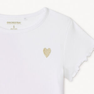 T-shirt met korte mouwen van effen ribstructuur met geborduurd hart voor meisjes 