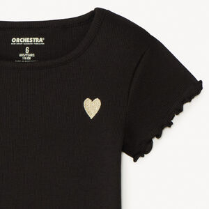 Korte mouwen geribd T-shirt met geborduurd hart voor meisjes 