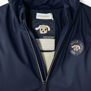 Jas van gum voor babyjongen, gevoerd met microfleece en met een capuchon met oortjes. 