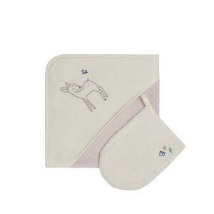 Set de bain avec cape et gant de toilette Little Deer écru/rose 