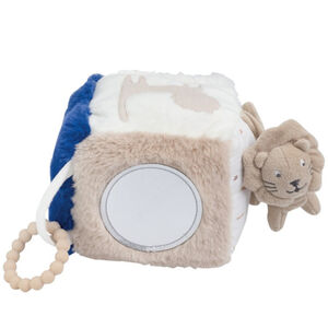 Aktiviteitenkubus met rammelaar/spiegel - Zand/caramel/ koning blauw 