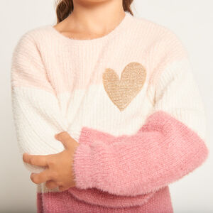 Gebreide jurk met fluffy colour block effect meisjes, met lange mouwen, ronde hals en gouden paillettenhart op de voorkant 