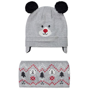 Gebreid muts en snood met beer voor baby jongen 