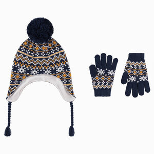 Ensemble bonnet péruvien doublé polaire et gants motifs jacquard 
