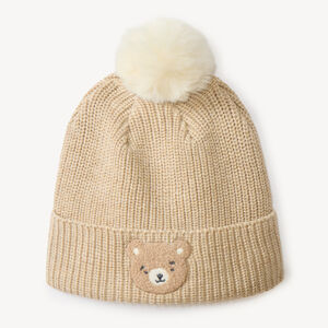 Bonnet naissance à pompon broderie tête d'ours 