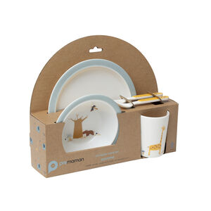 Maaltijdset 5-delig melamine Savanne écru blauw met bord, kom, beker, lepel en vork geschikt vanaf 6 maanden 