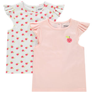 Lot de 2 t-shirts en coton bio uni/imprimé all-over à manches volantées 