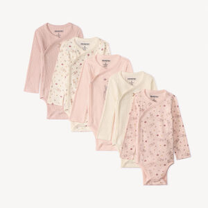 Lot de 5 bodies manches longues motifs Faon pour bébé fille avec ouvertures différentes selon l'âge 