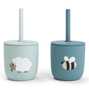 Lot de 2 gobelets à paille en silicone Tiny Farm Bleu 
