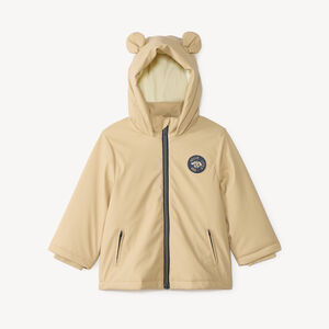 Jas van gum voor babyjongen, gevoerd met microfleece en met een capuchon met oortjes. 