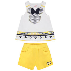 Ensemble met mouwloze Minnie-tuniek (Disney) en gele short. 